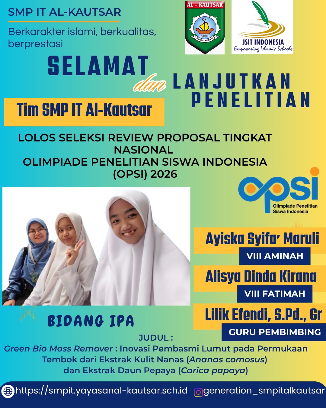 Tim SMP IT Al-Kautsar Lolos Seleksi Review Proposal Tingkat Nasional Lomba OPSI 2026, Siap Lanjutkan Tahap Penelitian