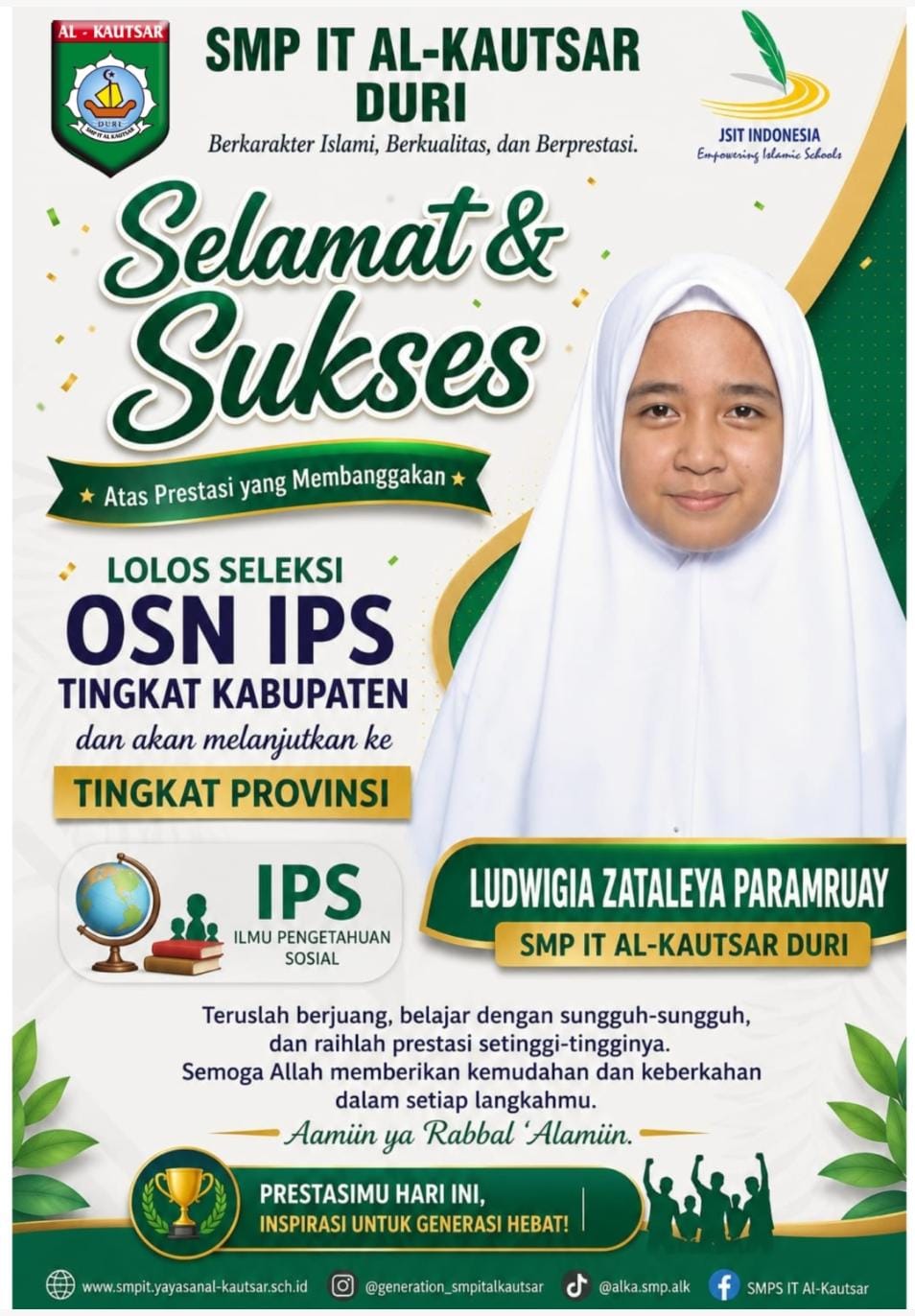 Ludwigia Zataleya Paramruay, Murid SMP IT Al-Kautsar Melaju ke OSN IPS Tingkat Provinsi: Jejak Prestasi yang Terus Menginspirasi