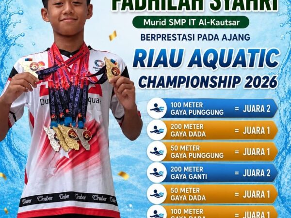 Fadhilah Syahri, Murid SMP IT Al-Kautsar Raih Predikat Perenang Terbaik Putra KU 3 dan Raih 7 Medali pada Riau Aquatic Championship 2026