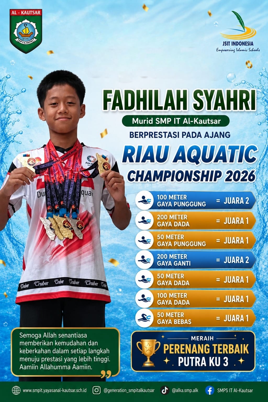 Fadhilah Syahri, Murid SMP IT Al-Kautsar Raih Predikat Perenang Terbaik Putra KU 3 dan Raih 7 Medali pada Riau Aquatic Championship 2026 Fadhilah Syahri, Murid SMP IT Al-Kautsar Raih Predikat Perenang Terbaik Putra KU 3 dan Raih 7 Medali pada Riau Aquatic Championship 2026