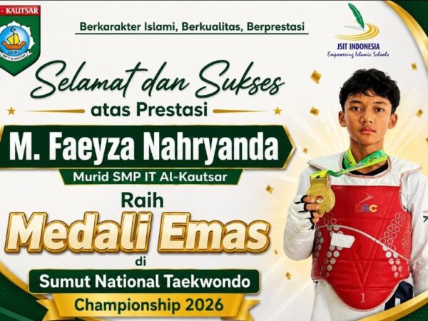 M. Faeyza Nahryanda Murid Kelas IX Hamzah SMP IT Al-Kautsar Raih Medali Emas di Sumut National Taekwondo Championship 2026