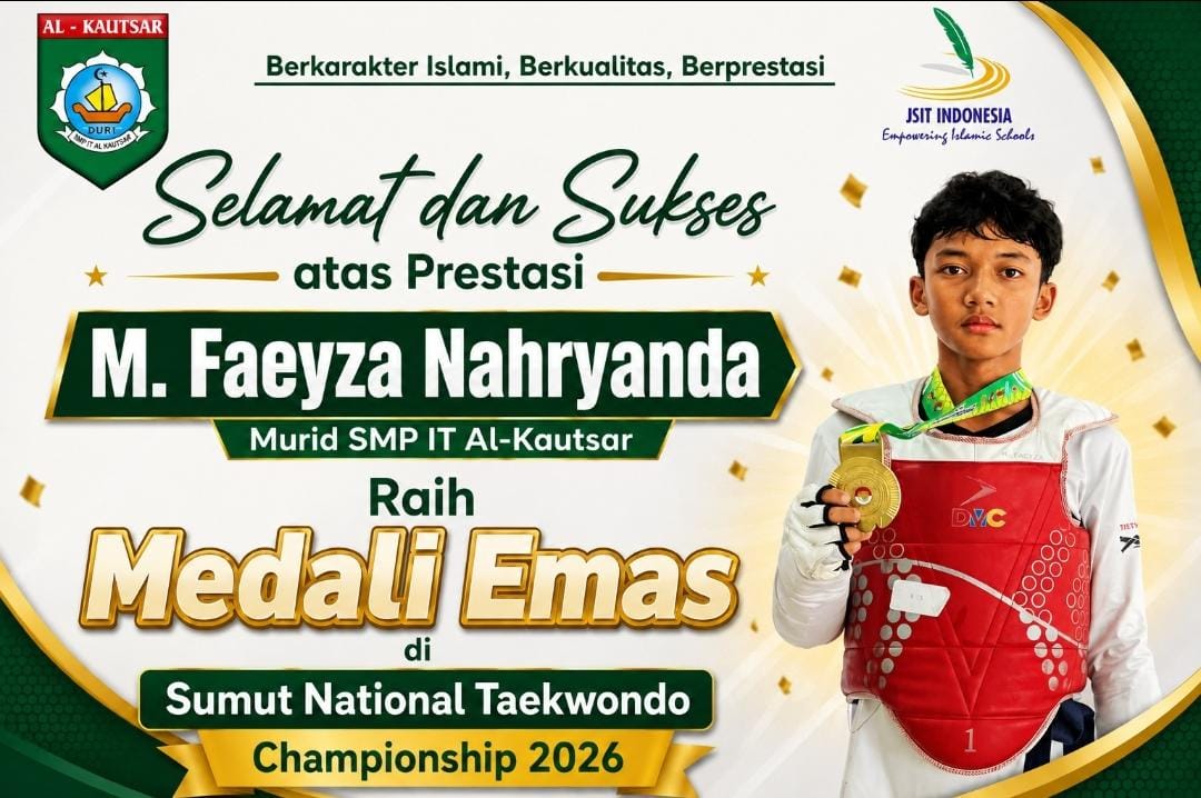 M. Faeyza Nahryanda Murid Kelas IX Hamzah SMP IT Al-Kautsar Raih Medali Emas di Sumut National Taekwondo Championship 2026